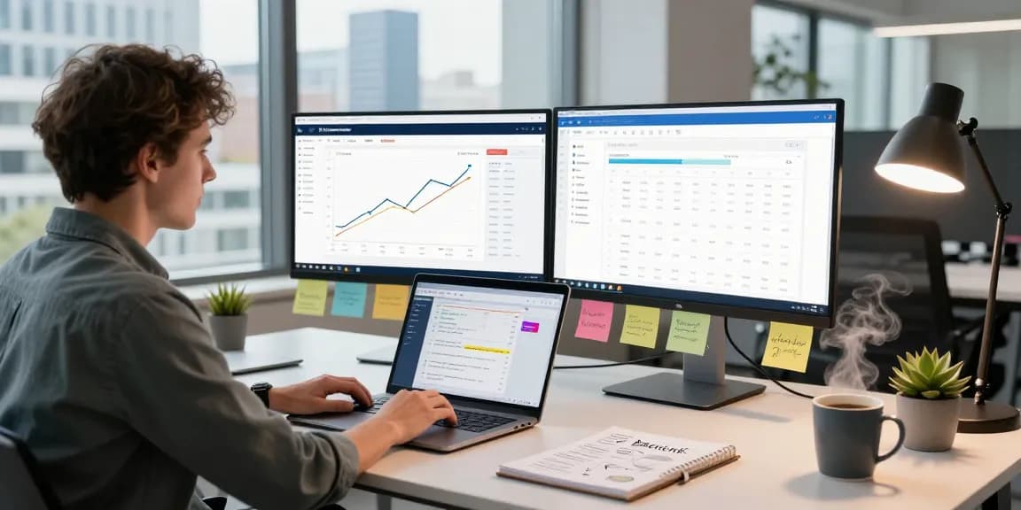 PBN links Netherlands - SEO specialist analyzing backlink strategies in a modern workspace with multiple screens and analytics tools.