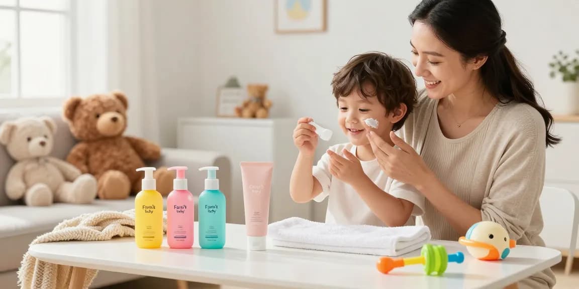 Mom and baby joyfully enjoying skin care together with สล็อตฝากขั้นต่ำ products in a bright family setting.