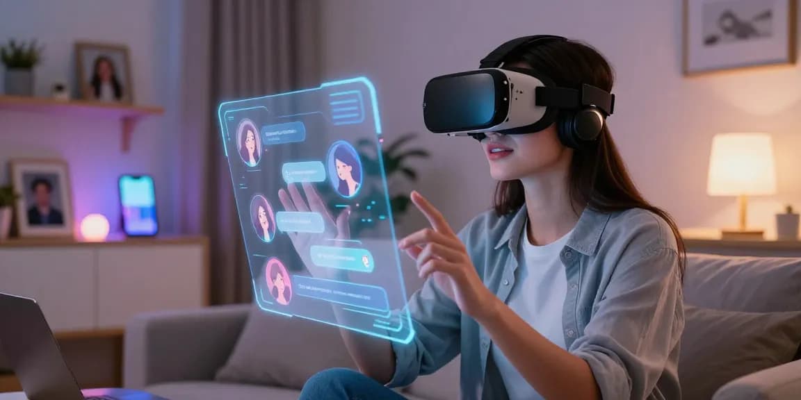 Engaging with an AI girlfriend in a modern virtual environment, showcasing immersive technology and a cozy setting.