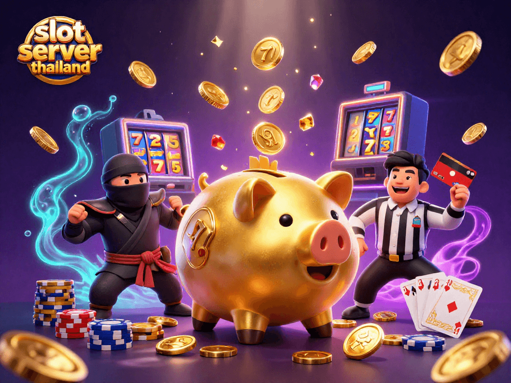 Activate your luck with slot server thailand featuring an energetic sumo piggy bank and dynamic casino elements.