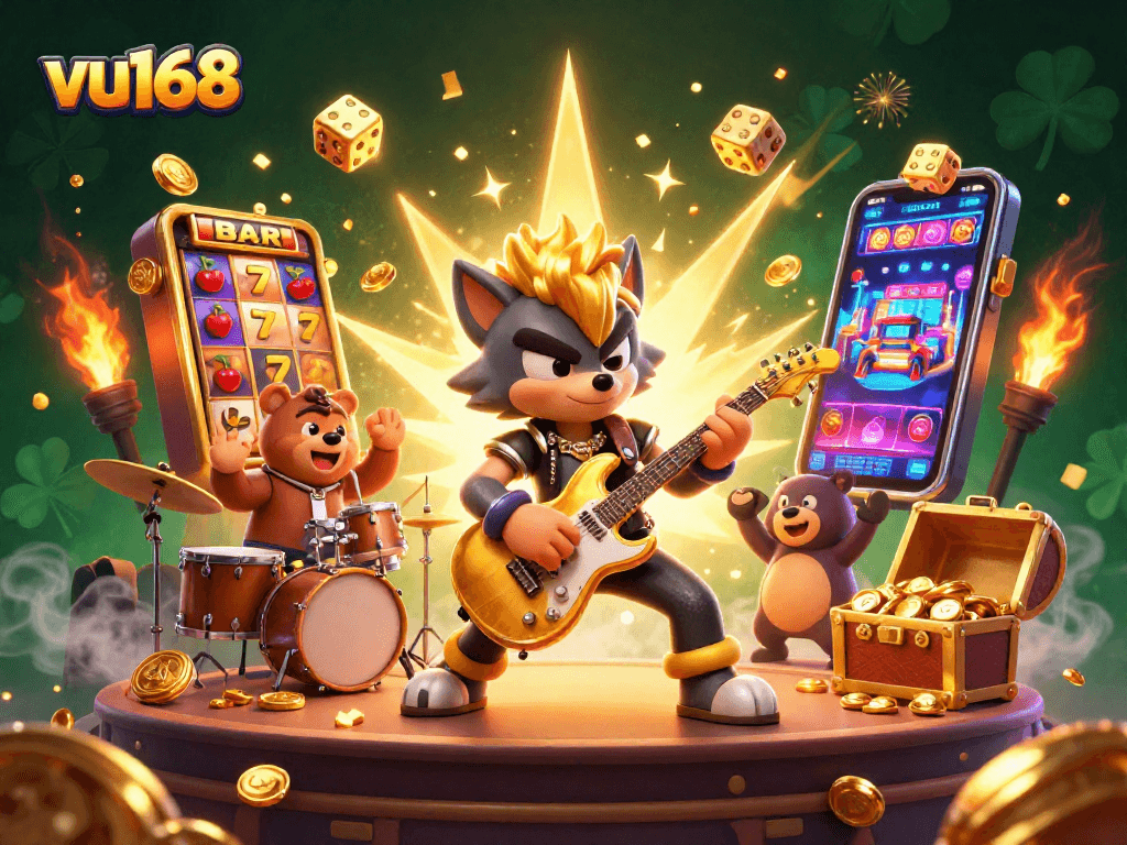 vu168 exciting casino scene with a rock star wolf and drummer bear amidst jackpot symbols