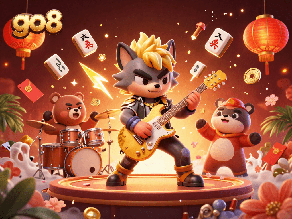 Experience the excitement at go8 with vibrant 3D characters and casino elements in a dynamic gaming scene.