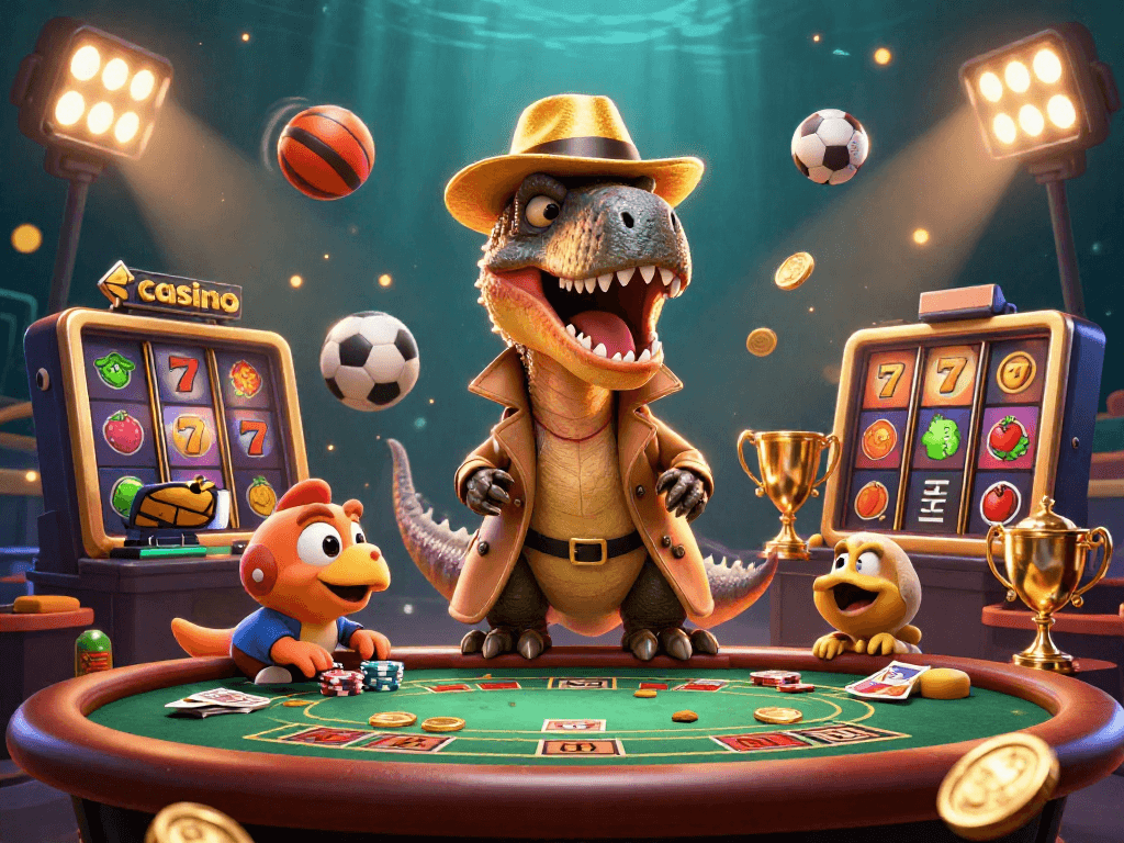 Casino scene with a velociraptor card counter, a stegosaurus pit boss, and a compy pickpocket among spinning slot reels.