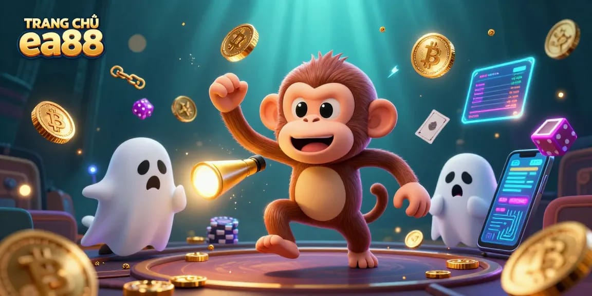 Engage with TRANG CHỦ ea88 as the mischievous poltergeist monkey juggles golden coins in a vibrant casino scene.