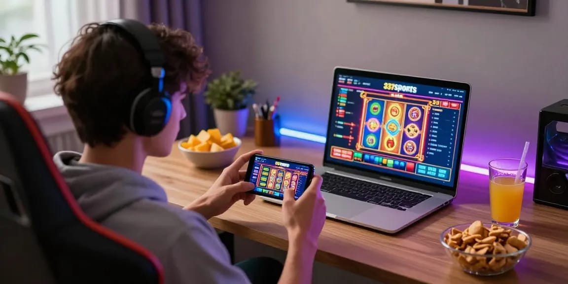 Pengguna menikmati permainan slot di platform 337sports dalam suasana nyaman dengan pencahayaan LED yang ceria.