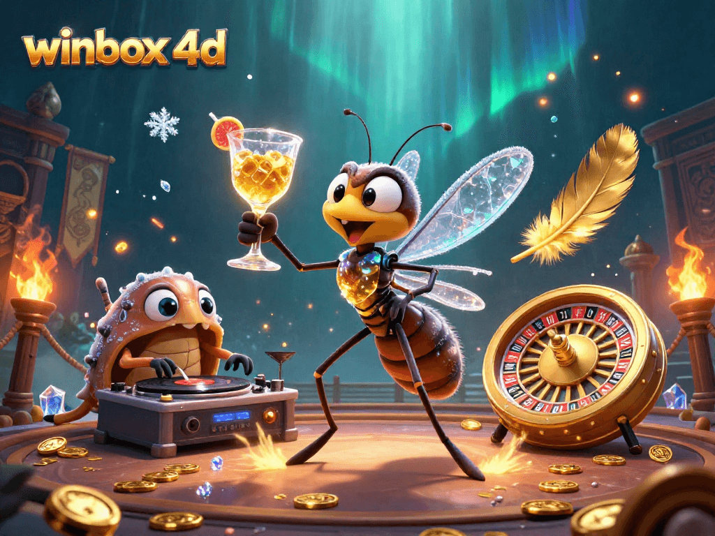 Winbox 4D showcases vibrant casino action with a cartoon mosquito mascot and thrilling gaming elements.