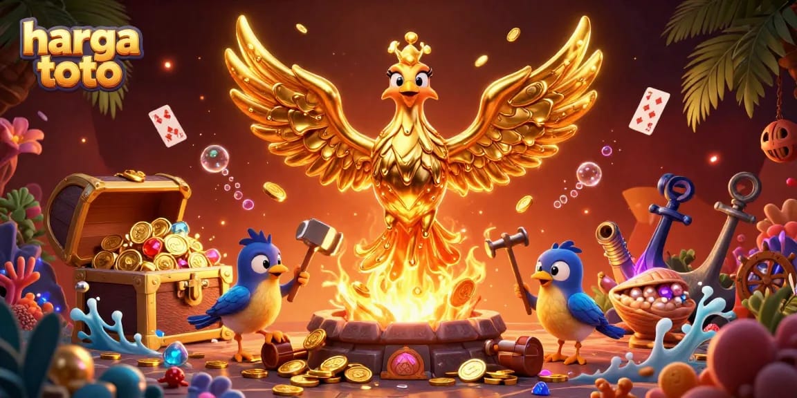 Experience the excitement of harga toto with a dynamic illustration of a golden phoenix and vibrant casino elements.