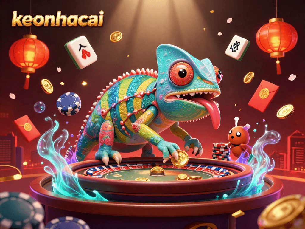 Engage with keonhacai at a vibrant casino with lively characters and festive elements.