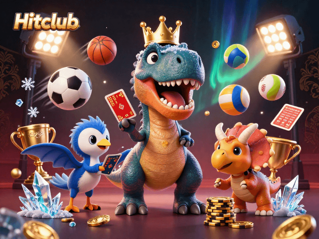 Hitclub showcases a vibrant scene of a T-Rex and friends engaging in dynamic betting with colorful sports elements.