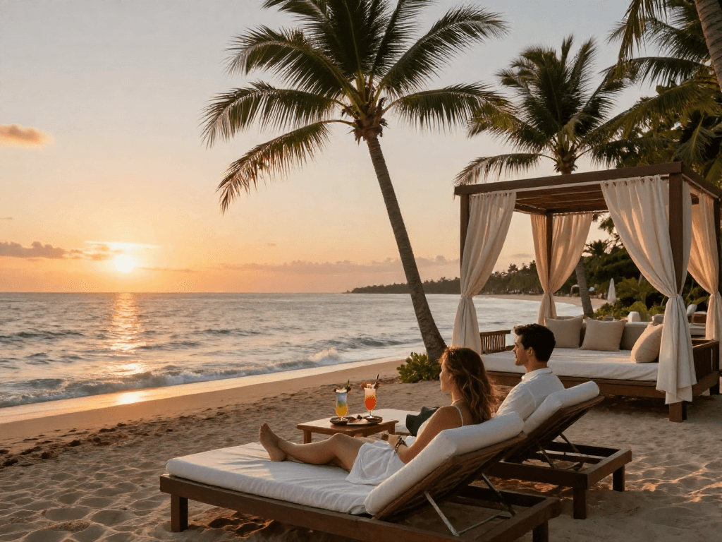 Resor pantai mewah LUXURY111 dengan pasangan yang bersantai di tepi laut, suasana senja yang indah.