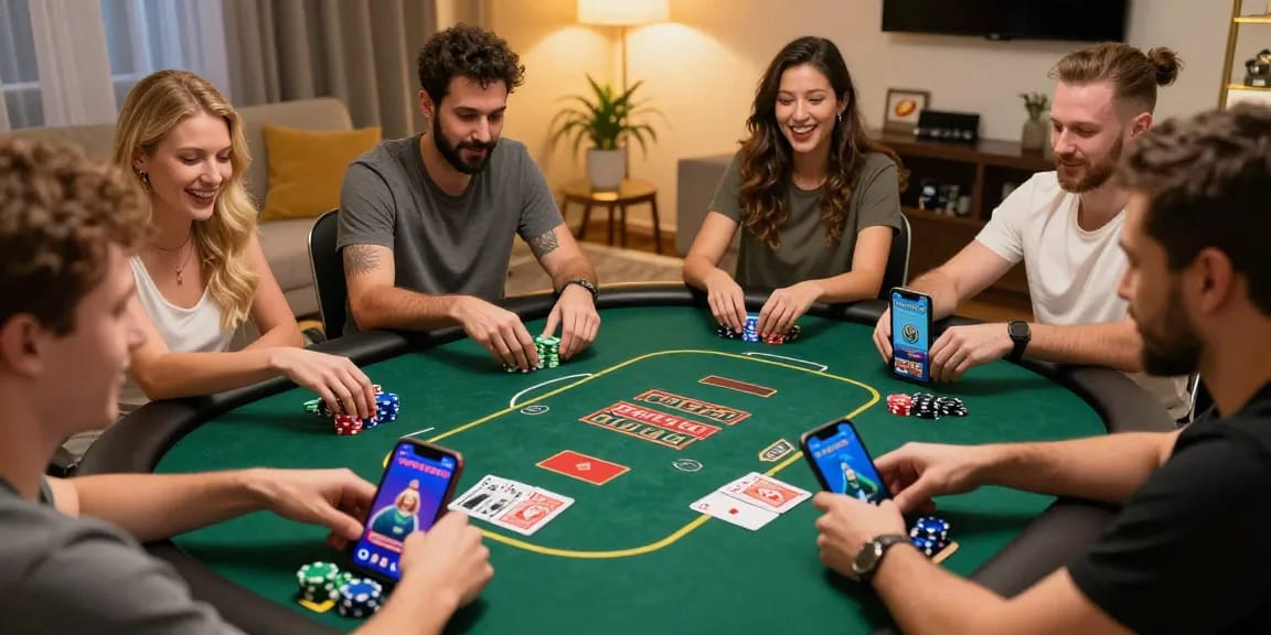 Poker Game enthusiasts get app in a lively online gaming environment, showcasing various poker games.