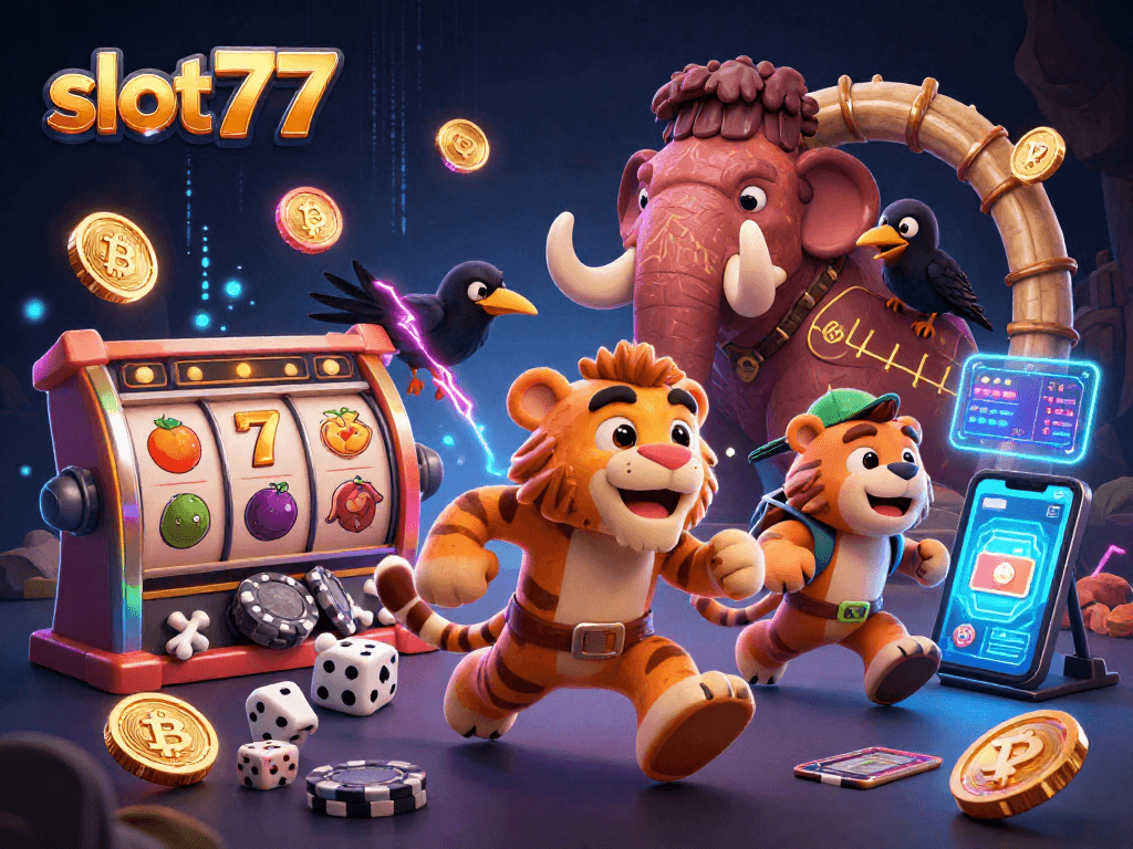 Permainan slot777 menarik dalam ilustrasi kasino prasejarah dengan pemenang besar dan simbol buah.