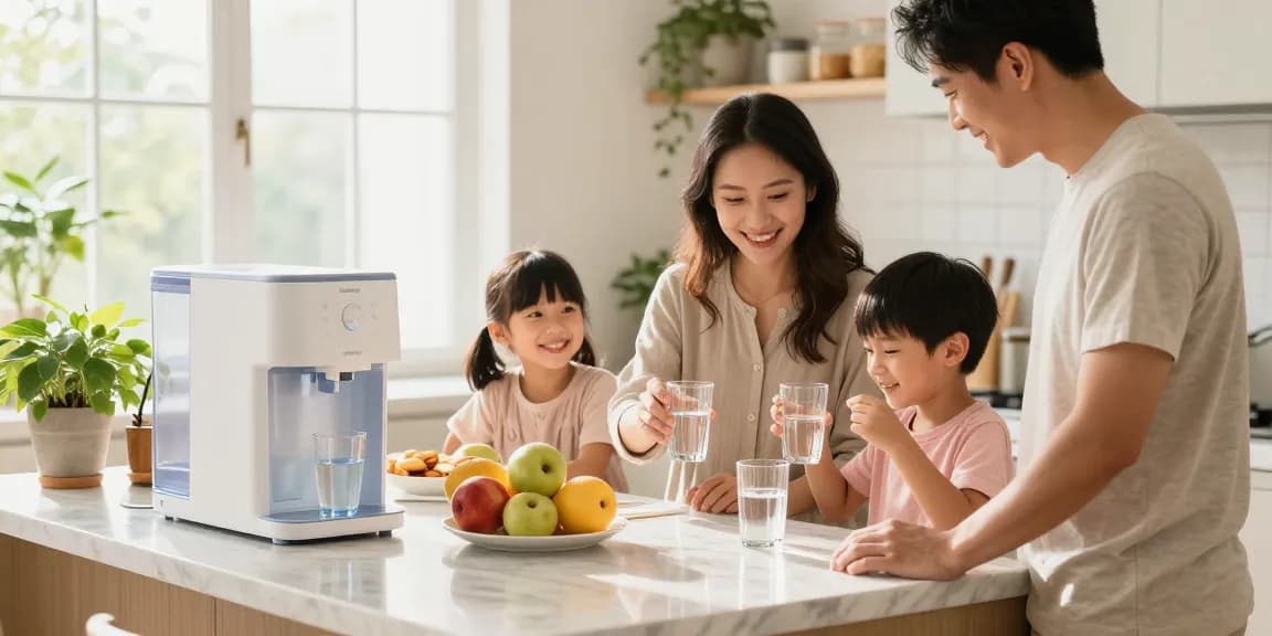 Family enjoying refreshing water from the Waterdrop 40 Cup Dual Filter Dispenser in a bright kitchen