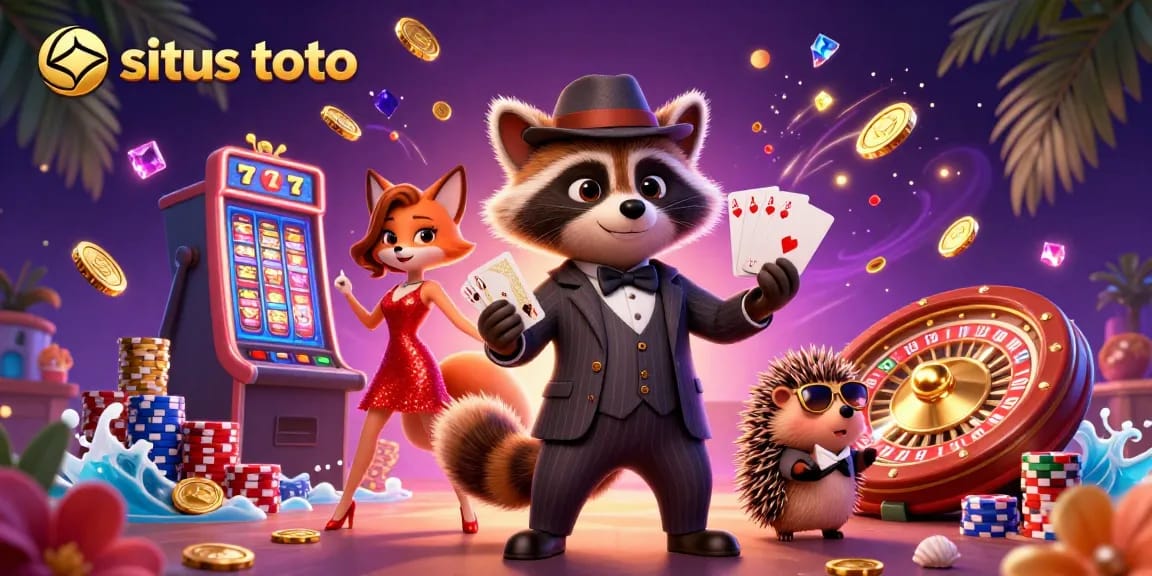Experience thrilling gaming at situs toto with a lively casino scene featuring vibrant characters and slot machines.