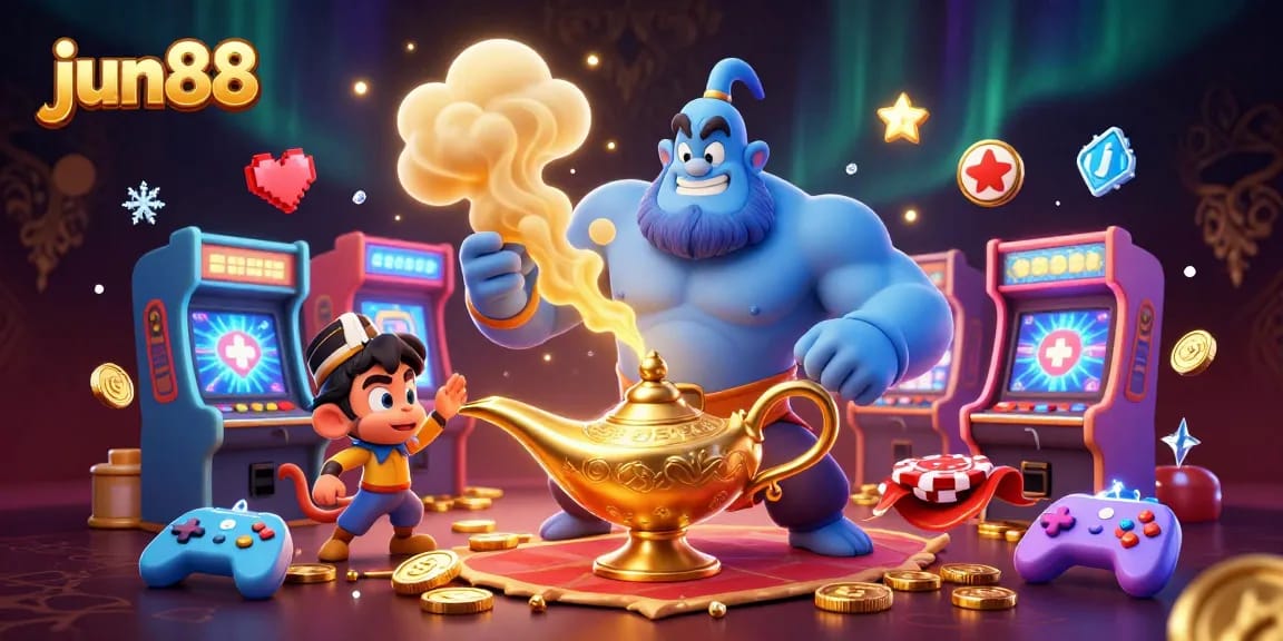 Experience thrilling gaming with jun88's vibrant 3D casino world featuring a magical genie and poker chips.