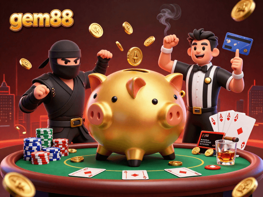 Experience thrilling action at gem88 with a golden piggy bank sumo wrestler amidst a lively poker scene.
