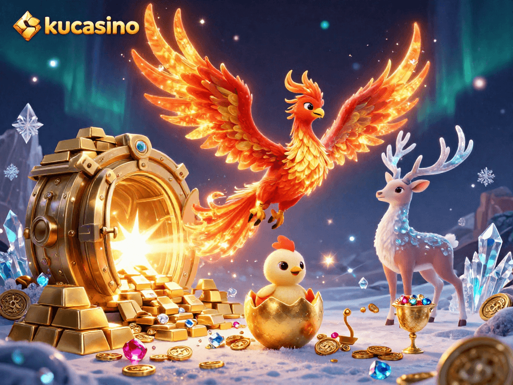 KUCASINO offers thrilling gameplay with vibrant phoenixes and treasure in an engaging casino setting.