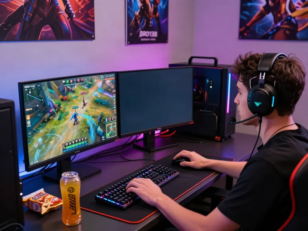 Engaging online gaming experience with high-performance setup at bro138, showcasing a focus on gameplay and vibrant graphics.