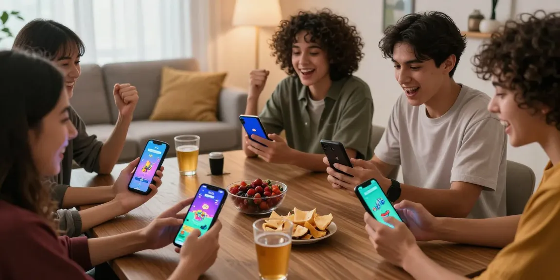 Friends enjoying the JaiClub gaming app with excitement and snacks in a cozy setting