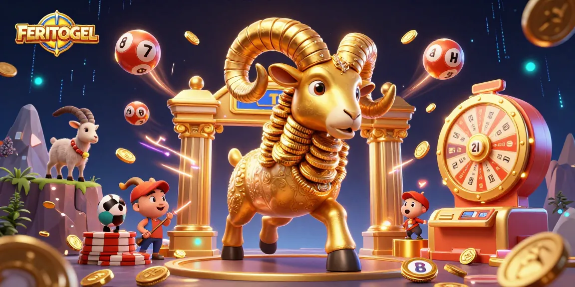 Engage with FERITOGEL in a dynamic lottery scene featuring a striking golden ram and energetic game elements