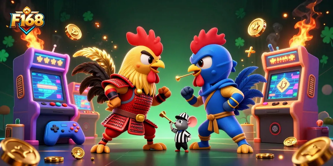 F168 brings the excitement of fighting roosters in a dynamic casino scene, showcasing vibrant gaming elements.