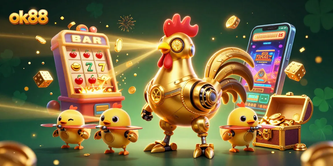 ok88 features a golden rooster robot and chick drones amidst a vibrant casino scene.