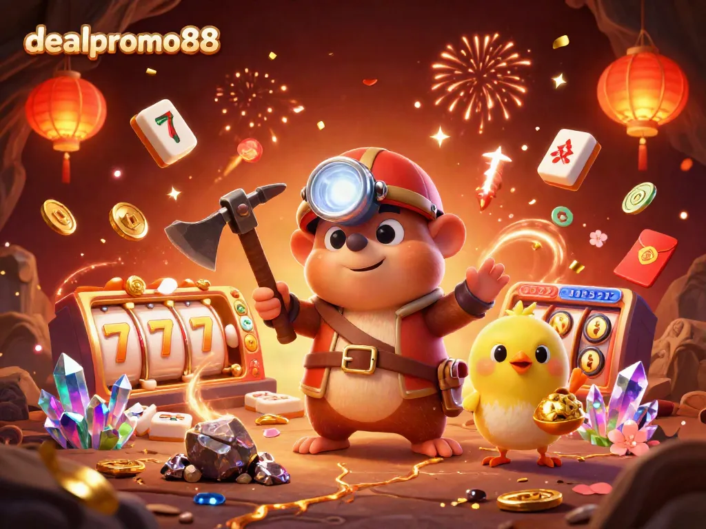 Spin the reels at dealpromo88 with a mole mining for riches in a vibrant casino adventure