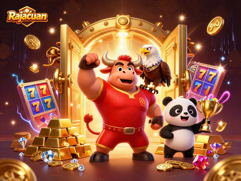 Win big with Rajacuan in this dynamic, celebratory gambling scene featuring vibrant casino elements.