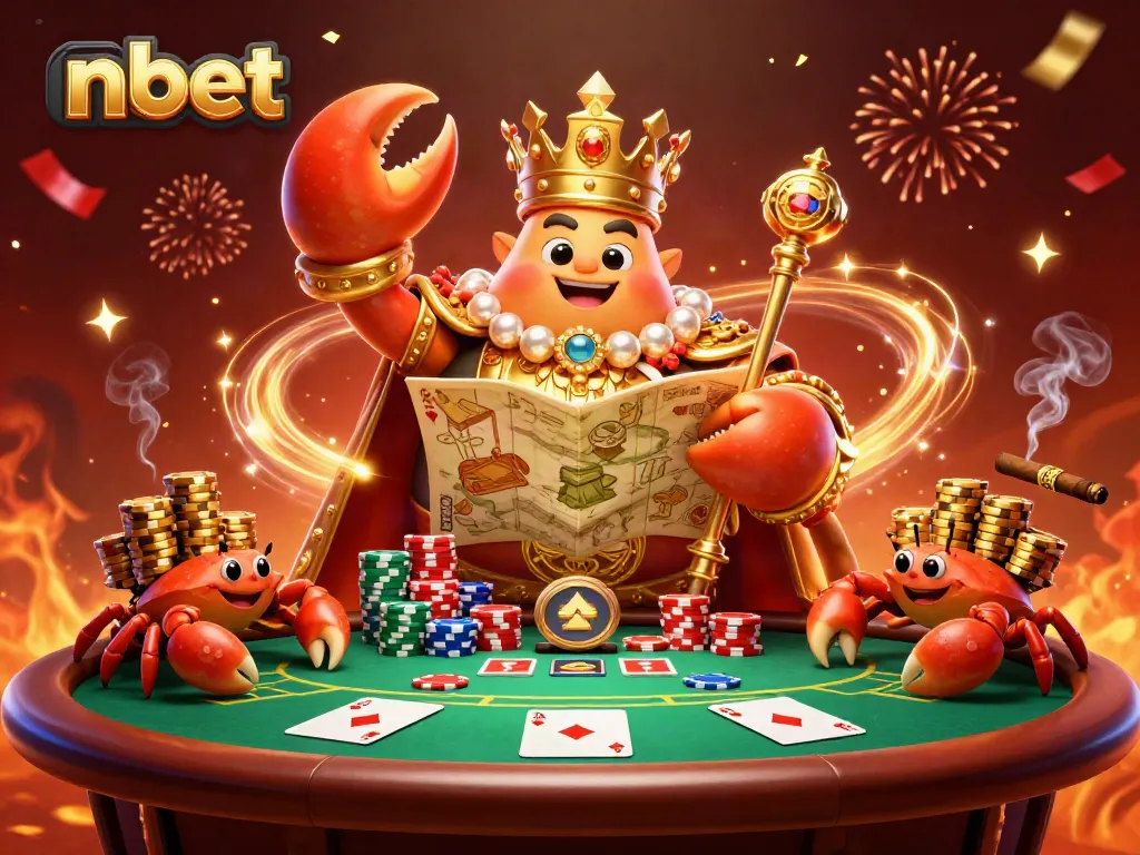 Engage in thrilling gameplay at nbet with a cosmic scene of golden crab royalty and vibrant poker action.