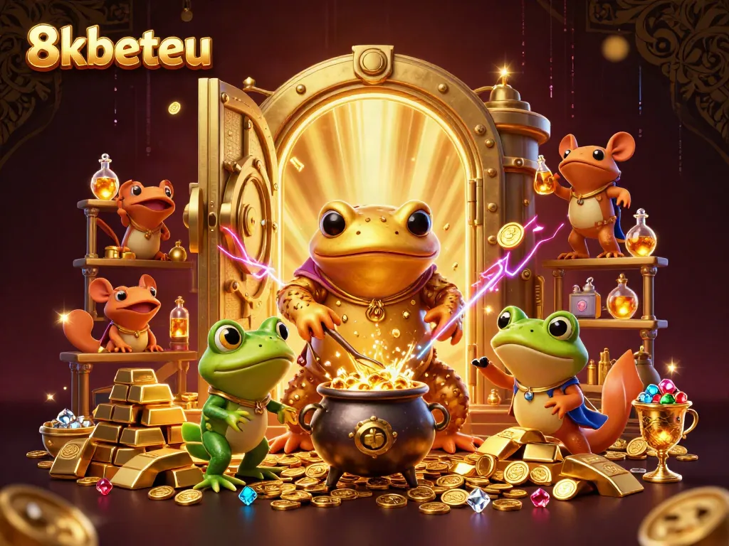 Bet big with 8kbeteu; illustrated casino scene with gold coins and magical elements.