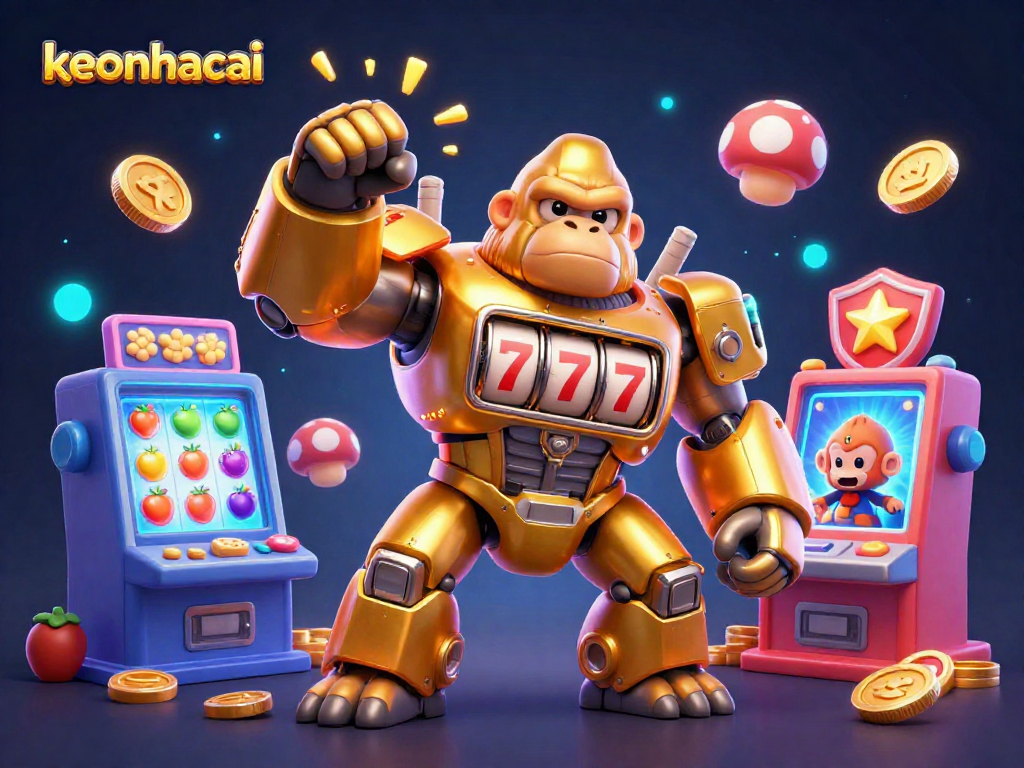 Spin to win with keonhacai's energetic casino scene featuring a golden gorilla mech and vibrant slot machines.