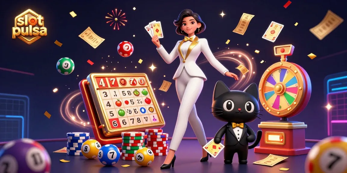 Experience slot pulsa excitement with glamorous characters, vibrant games, and dynamic action in this casino-themed illustration.