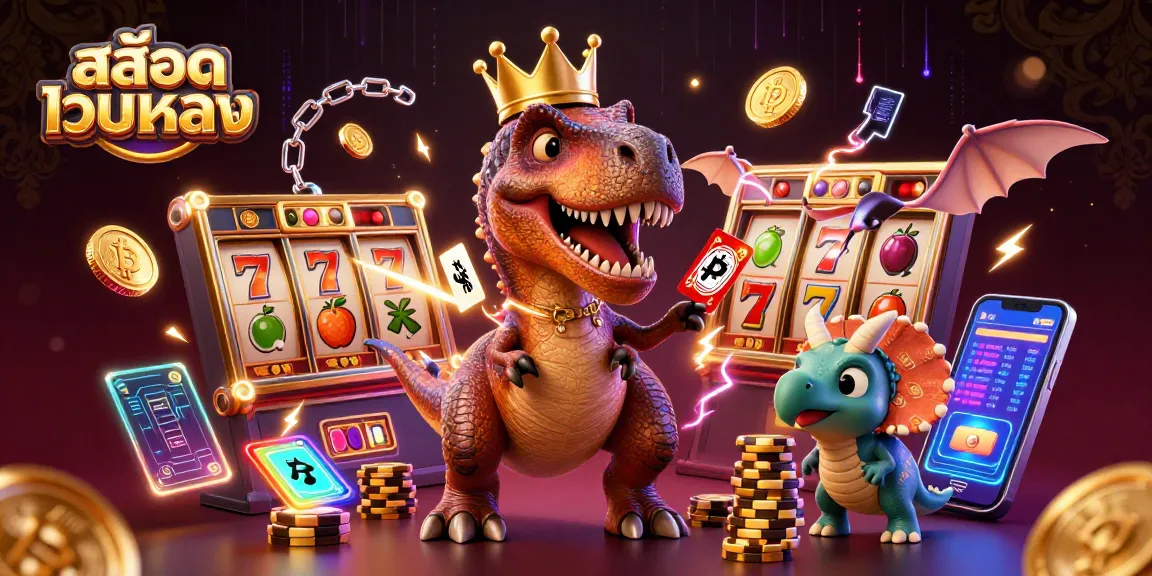 Engage with สล็อตเว็บตรง as a T-Rex and pterodactyl shuffle cards and gold chips in a vibrant casino scene.