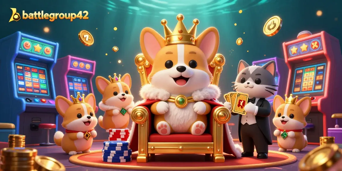 battlegroup42 slots-themed illustration with a royal corgi, cat butler, and vibrant game elements.