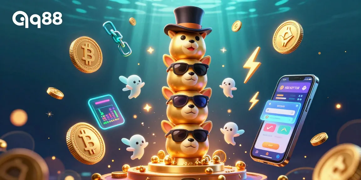 Bet on qq88 with a colorful 3D illustration of a golden totem surrounded by cryptocurrency elements.