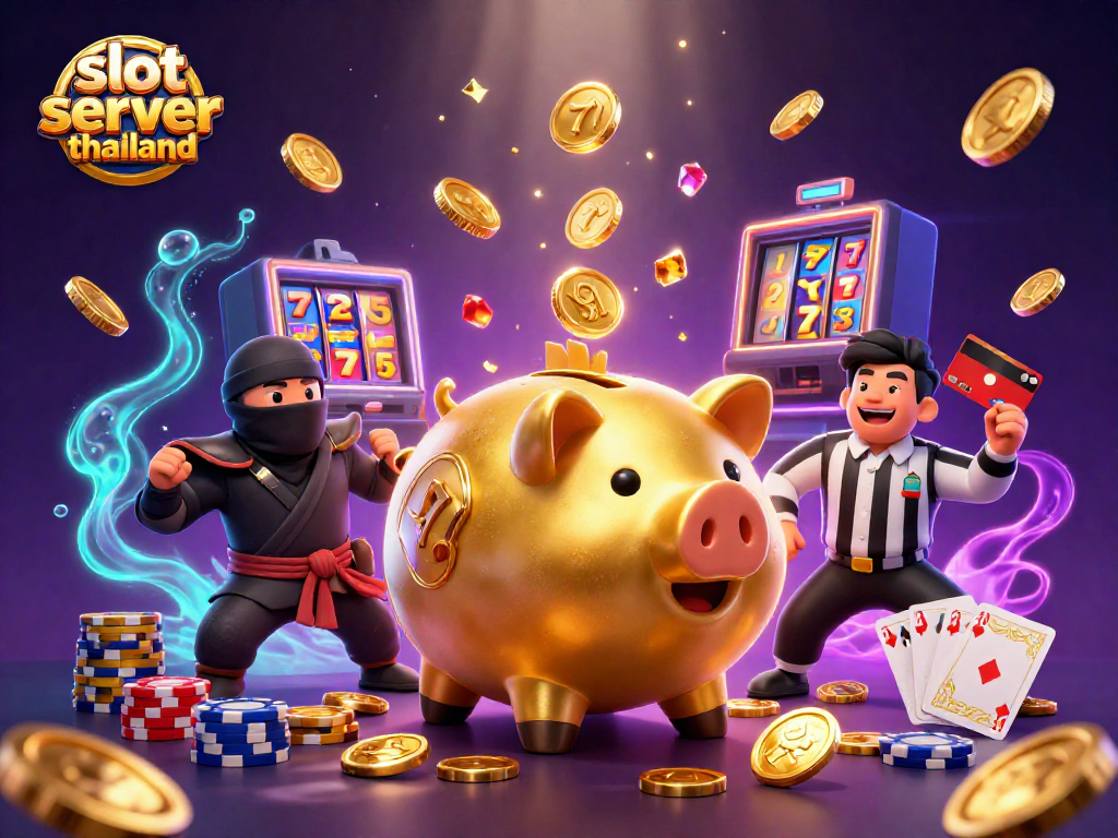 Activate your luck with slot server thailand featuring an energetic sumo piggy bank and dynamic casino elements.
