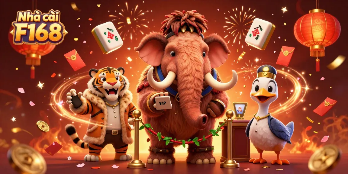 Experience excitement at Nhà cái F168 with vibrant characters and dynamic casino elements in a festive scene.