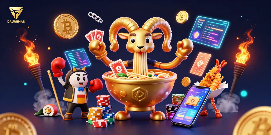 DAUNEMAS showcases a vibrant scene with a giant ramen bowl dealer surrounded by crypto elements.