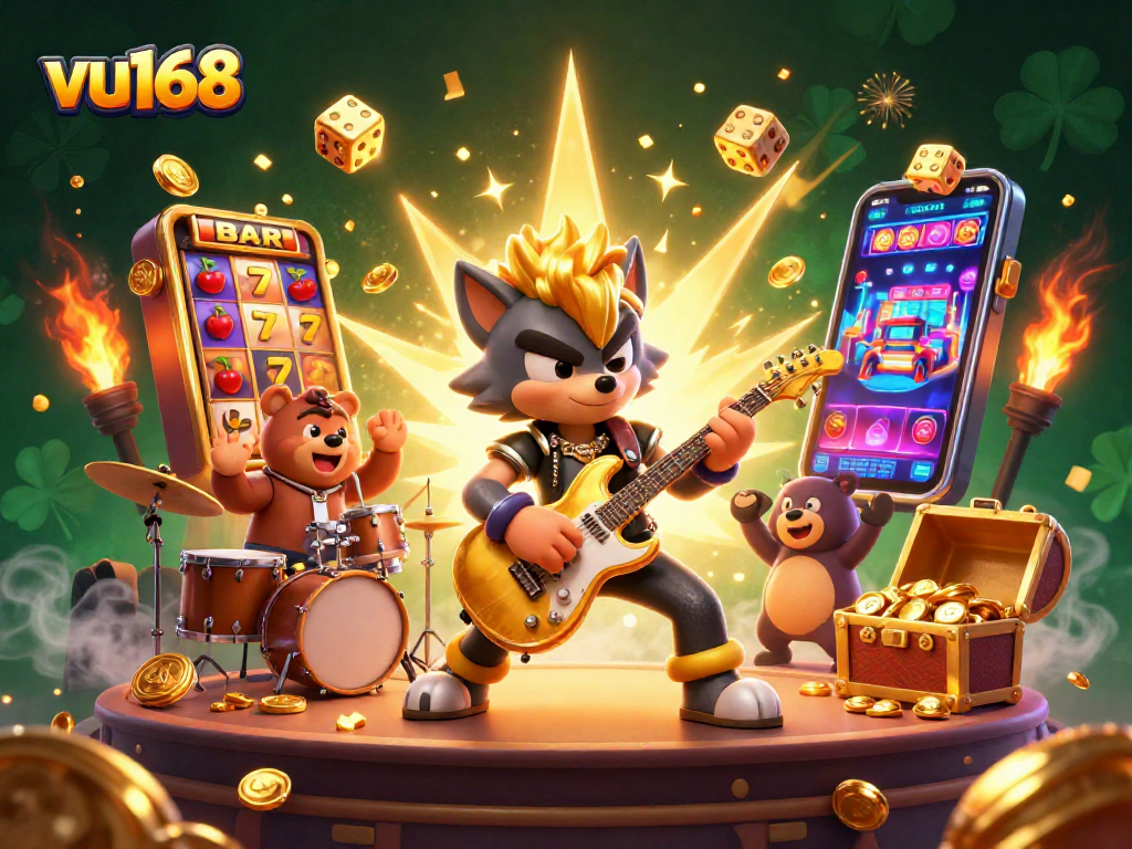 vu168 exciting casino scene with a rock star wolf and drummer bear amidst jackpot symbols