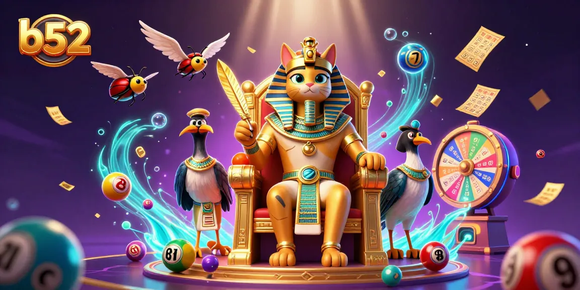 B52 themed casino scene with a pharaoh cat character amidst dynamic lottery elements, emphasizing gaming excitement.