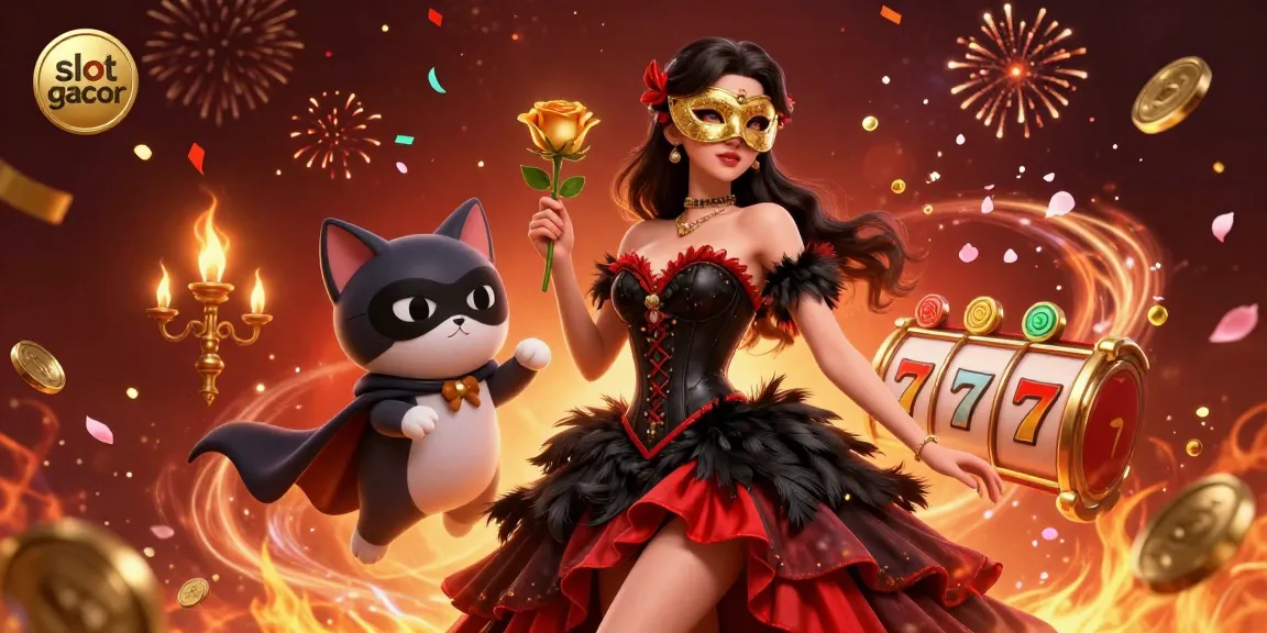 Terlibat dalam sensasi slot gacor dengan seorang wanita menawan dan kucing yang energik dalam suasana kasino yang mempesona.