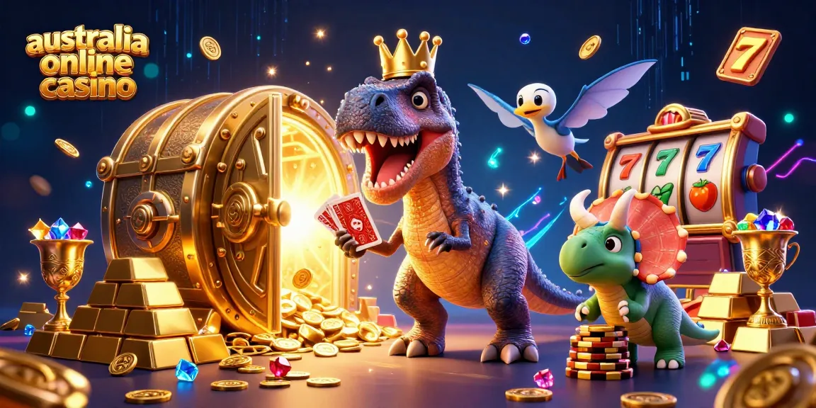 Experience fun at australia online casino with a lively 3D T-Rex dealing cards surrounded by vibrant slots.
