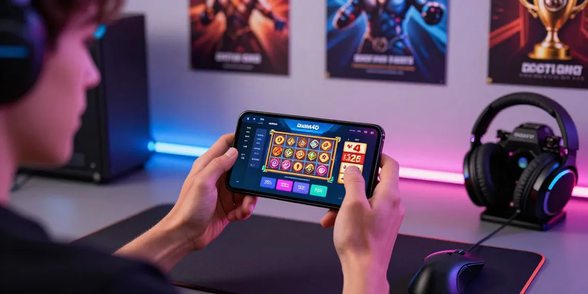 Pengguna DIANA4D login dengan antusias di ruang permainan modern menggunakan smartphone dan aksesori gaming.