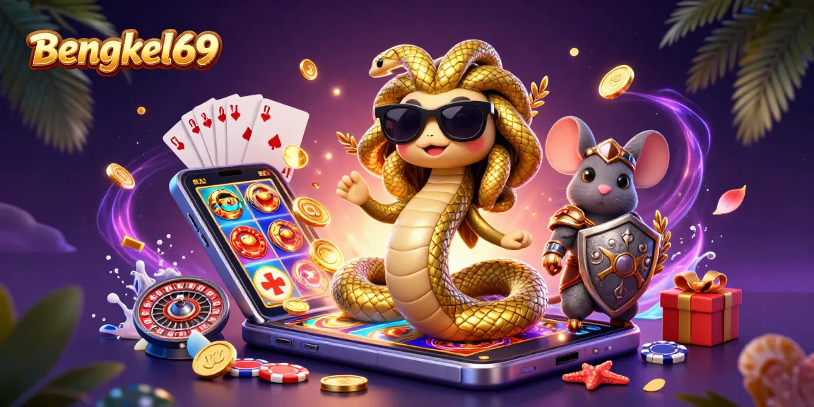 Engage with the exciting world of Bengkel69 as Medusa and a brave warrior mouse navigate a vibrant slot game adventure.