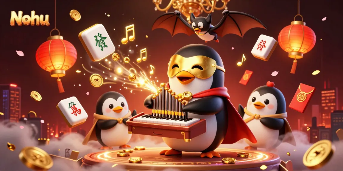 Nohu engages players with a 3D cartoon penguin and a bat acrobat in a colorful casino scene.