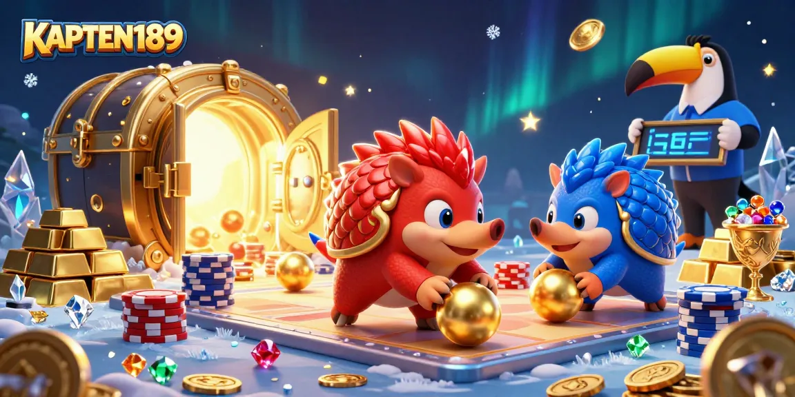 KAPTEN189 menampilkan pangolin bersaing dalam permainan memenangkan jackpot dengan piala berkilauan.