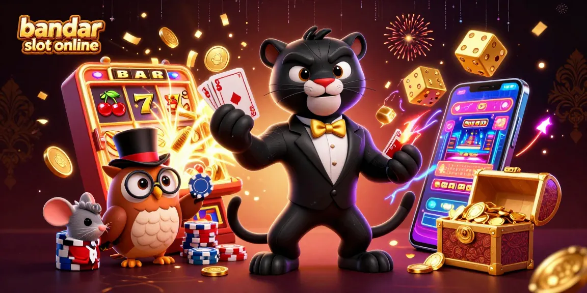 Menang besar di bandar slot online dengan karakter lucu dalam adegan kasino yang hidup.