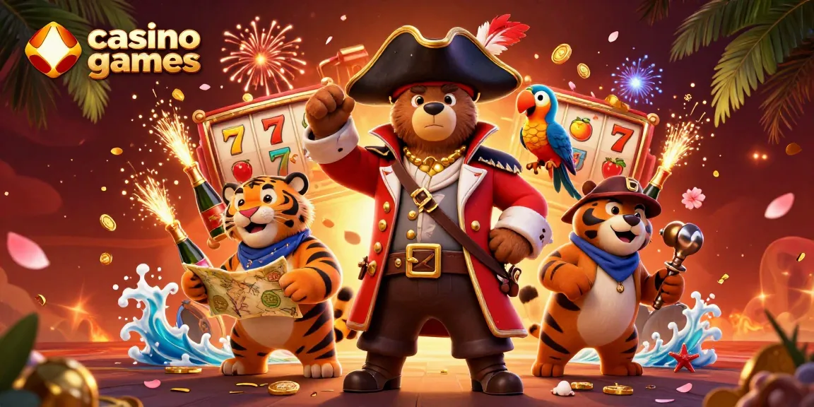 Experience captivating casino games with a lively scene of a pirate bear, tiger, and a parrot surrounded by golden treasures.