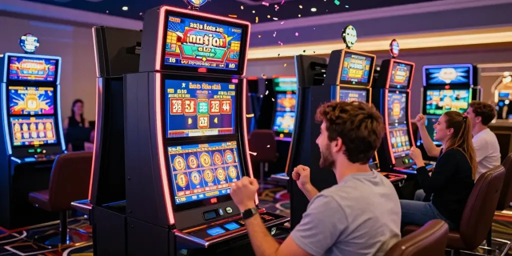Excited player celebrating a big win at raja slot machine in a busy casino.