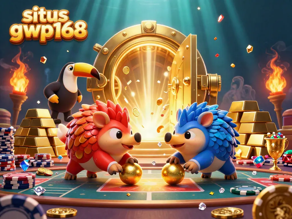 Rasakan keseruan situs gwp168 dengan pangolin bertarung, tergelincir ke bola emas dan poker, dikelilingi tumpukan emas.